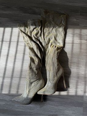 Glitter Over-the-Knee Stiletto Boots - Golden Olive Sparkle